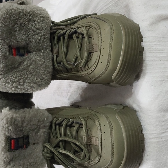 Fila Disruptor Shearling Hiking Boots Khaki Green Gray Faux Fur Chunky Sz 7 EUC - Picture 5 of 12